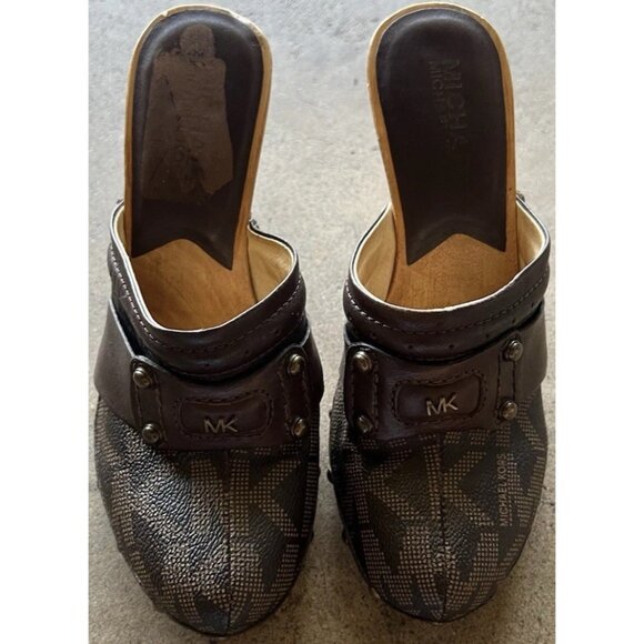 Michael Kors Leather Studd Wood clogs Luggage Brown Platform Heels Womens Size 4 - Picture 15 of 16